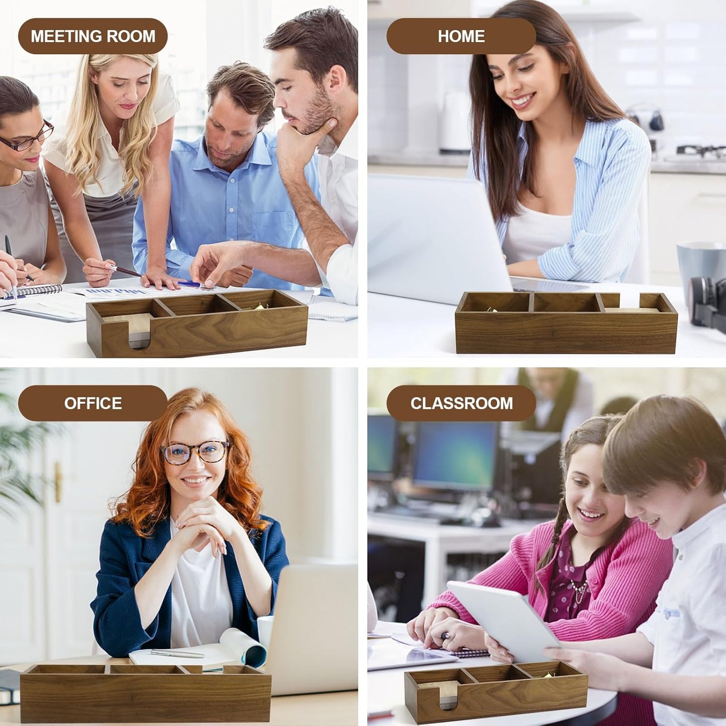 Buqoo 3 in1 Walnut Wooden Sticky Note Holder, 12" x 4.3" x 2.4" Self Stick Note Pads Holder Memo Pad Dispenser for School N Home Office Supplies