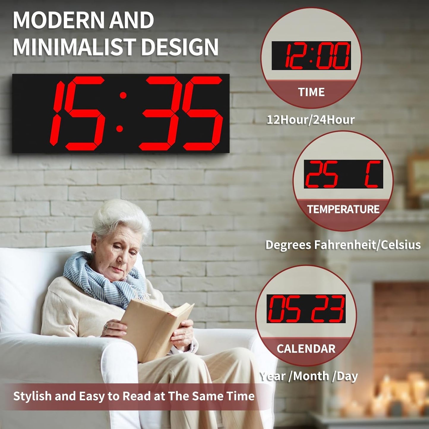 Large Digital Wall Clock,LED Digital Clock with Big Number,Multi-Function Remote Controlled Wall Clock with Timer, Alarm and Calendar Display(Red)