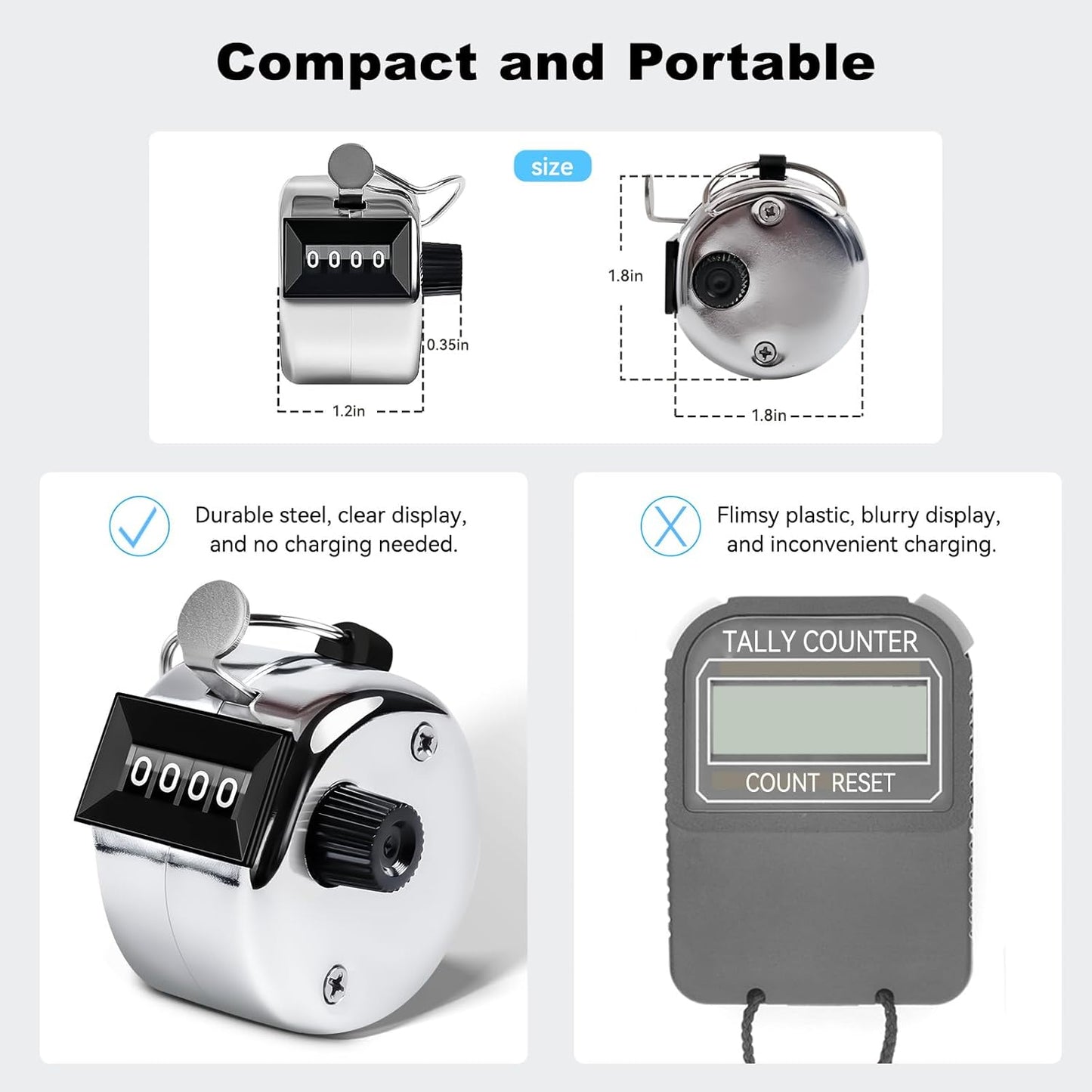 Clicker Counter, Metal Hand Tally Counter Clicker with 4 Digit Display, Pitch Counter for Golf Stroke, Baseball, Coaching, Knitting, Lap, Row Sport, Silver