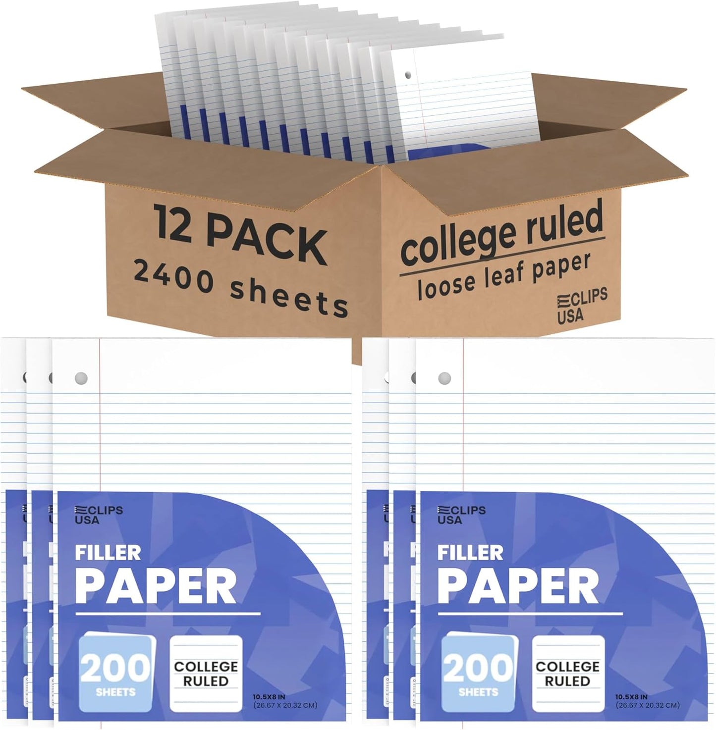 Notebook Paper, College Ruled Loose Leaf Paper (12 Pack), Filler Paper, 10.5” x 8”, Filler Paper, 200 Sheets Per Pack, 60 gsm (12 Pack)
