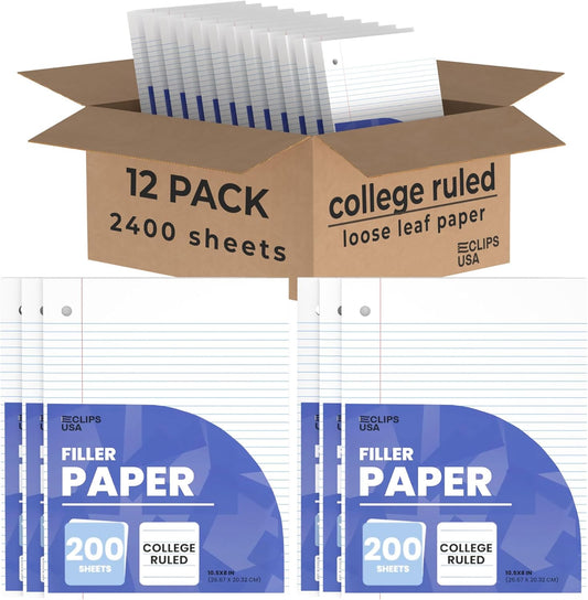 Notebook Paper, College Ruled Loose Leaf Paper (12 Pack), Filler Paper, 10.5” x 8”, Filler Paper, 200 Sheets Per Pack, 60 gsm (12 Pack)