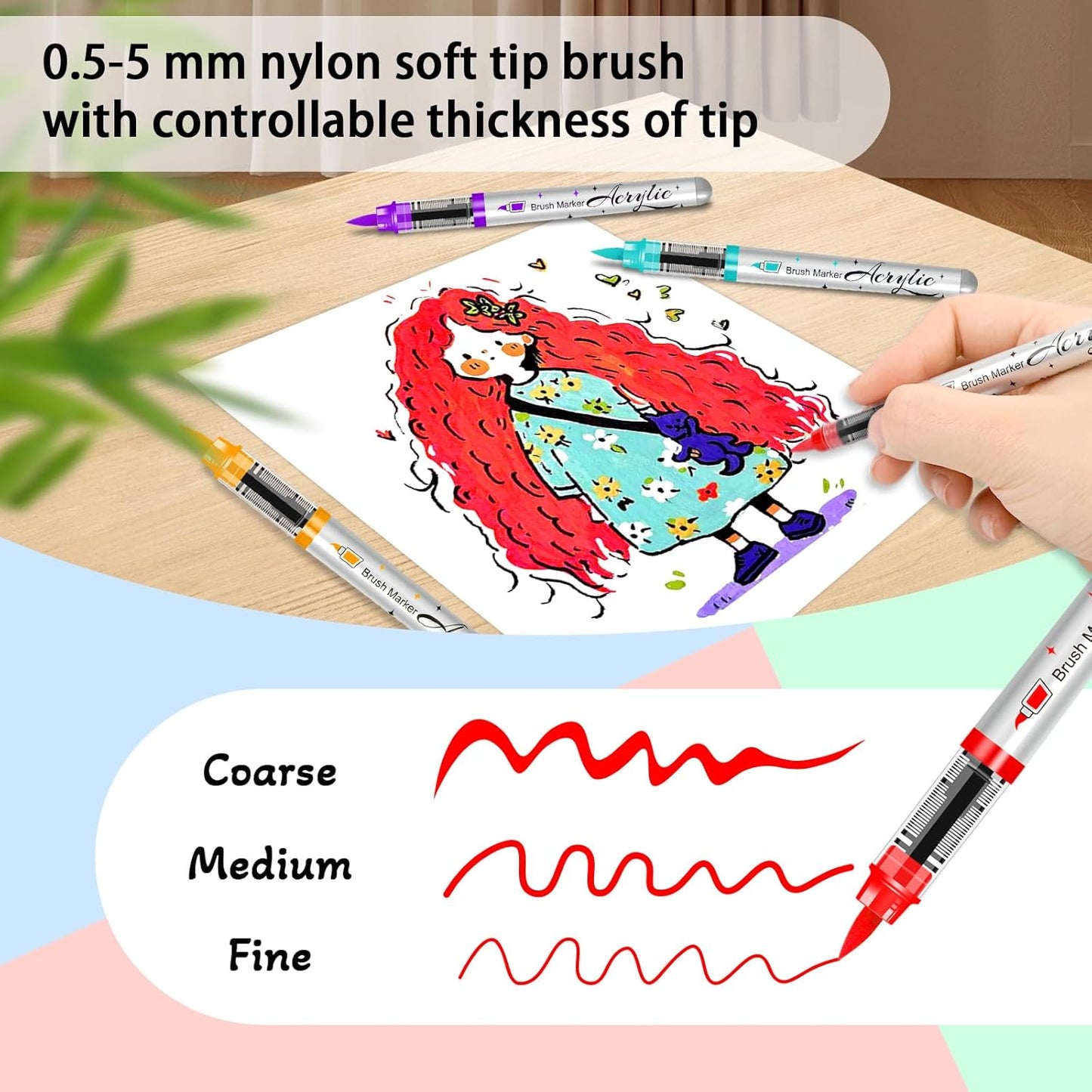 Betem Paint Markers Acrylic Paint Pens, 24 Colors Brush Tip Water Based Markers with Direct Ink System, Permanent Marker Colored Pens, Art Supplies for Rock Painting, Wood, Fabric, DIY Crafts Gift