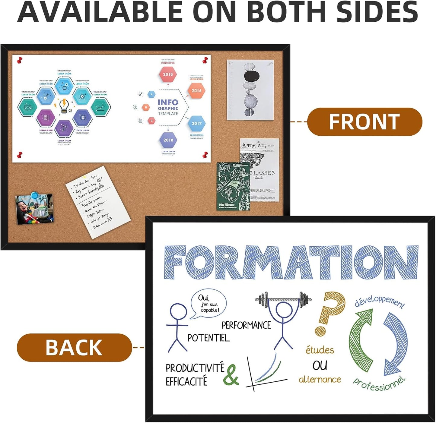 20” x 28” Cork Boards for Walls with Black Wooden Frame 1pack, Whiteboard and Cork Board Combo Double Sided Office Board for Wall Organizer, Bulletins Board Hanging Pin Board for School Home Office