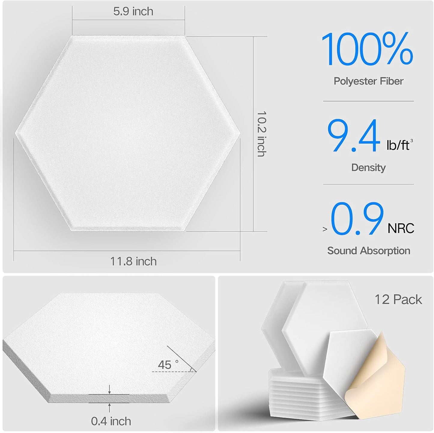 12 Pack Self-Adhesive Acoustic Panels 12" X 10" X 0.4" - Sound Proof Foam Panels for Walls, Stylish Hexagonal Design, Flame Resistant, Absorb Noise and Eliminate Echoes(Pure White)
