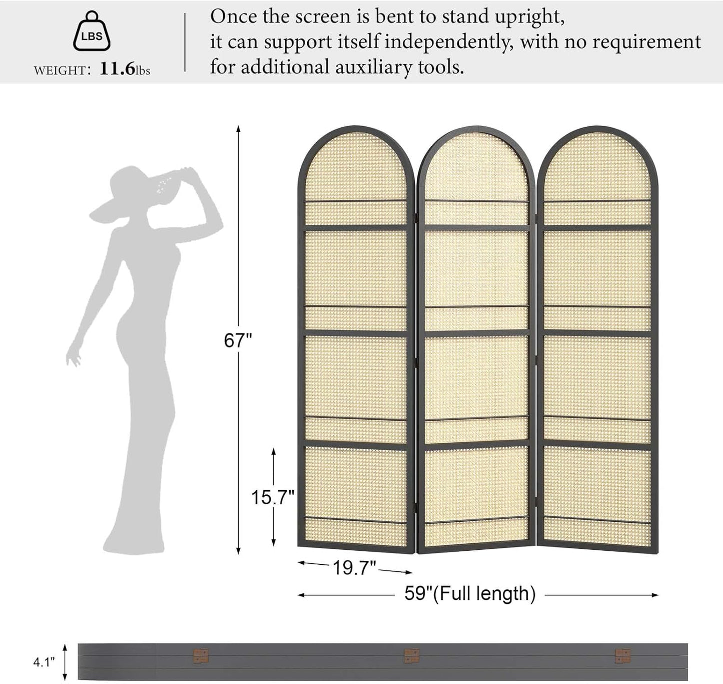Rattan Room Divider with Built-in Bookshelf | Foldable Privacy Screen & Portable Partition for Home Office, Bedroom, Reading Nook | Wooden Frame, Freestanding Design (Black-Rattan)