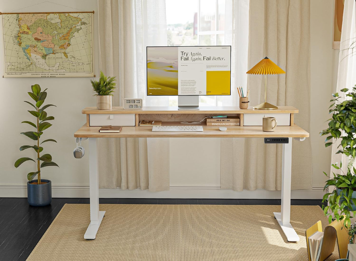 FEZIBO 48 x 24 Inch Height Adjustable Electric Standing Desk with Double Drawer, Computer Desk, Home Office Stand Up Table with 4 Height-Adjustable Feets & 2 Hooks, Maple