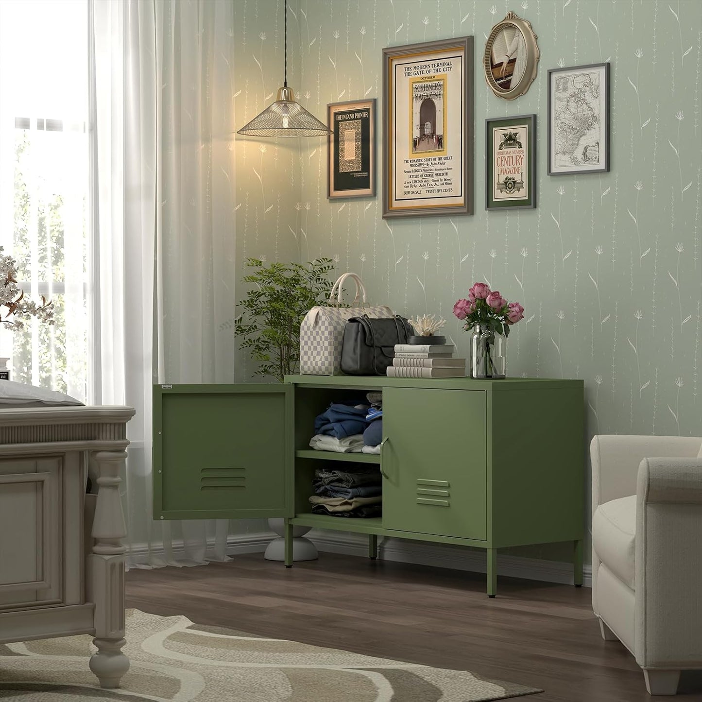 TV Stand with Storage,Metal Cabinet with Doors,TV Console with Storage with Adjustable Shelf,Morden TV Cabinet for Bedroom,Living Room,Avocado Green