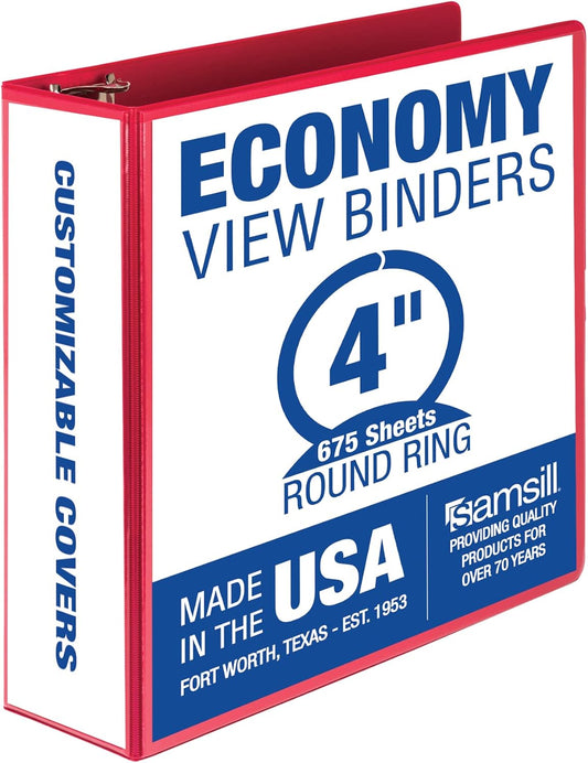 Samsill 4 Inch 3 Ring Binder, Made in USA, Economy Round Ring, Clear View Cover, 675 Sheet Capacity - for Schooo, Home, Office - Ruby Red