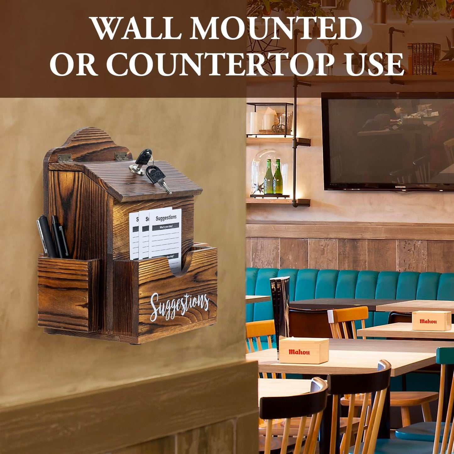 MyGift Rustic Burnt Solid Wood Suggestion Box, Wall Mountable Feedback Collector with White Cursive Suggestions Lettering, Comment Card Slot, Pen Holder, Top Lock and Keys