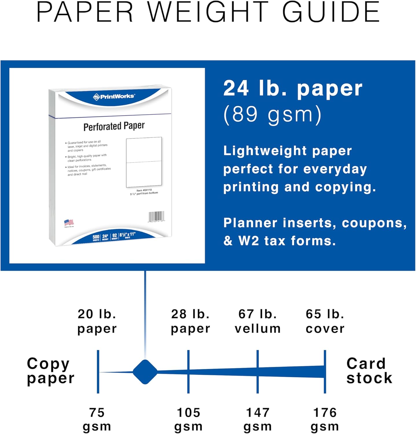 PrintWorks Professional Half Sheet Perforated Paper 8.5” x 11” - Perfect For W-2, 1099, & Statement Use - Made in the USA - 500 Sheets - 20 lb - A5 Paper - Printer Compatible - White (04116)