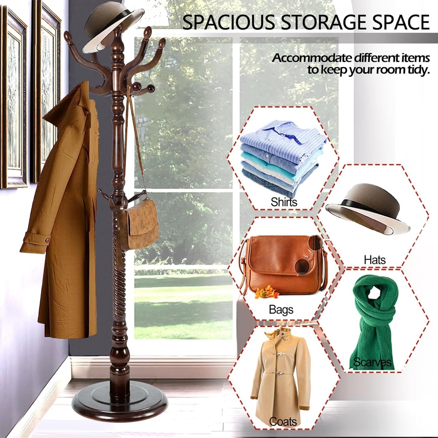 Coat Racks Free Standing with 14 Hooks, Natural Wood Coat Stands for Entryway, Adjustable Height 73 in Tree Coat Rack Stand for Hallway Home Office Bedroom (Dark Brown)