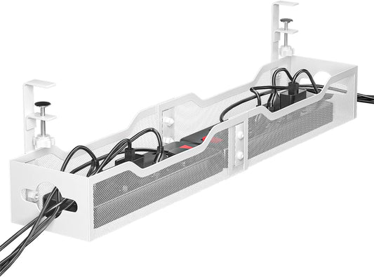 Under Desk Cable Management Tray White, Litwaro Cable Management Under Desk No Drill, 25'' Cable Tray with Clamp for Wire Management, Cord Organizer for Office, Home - No Damage to Table