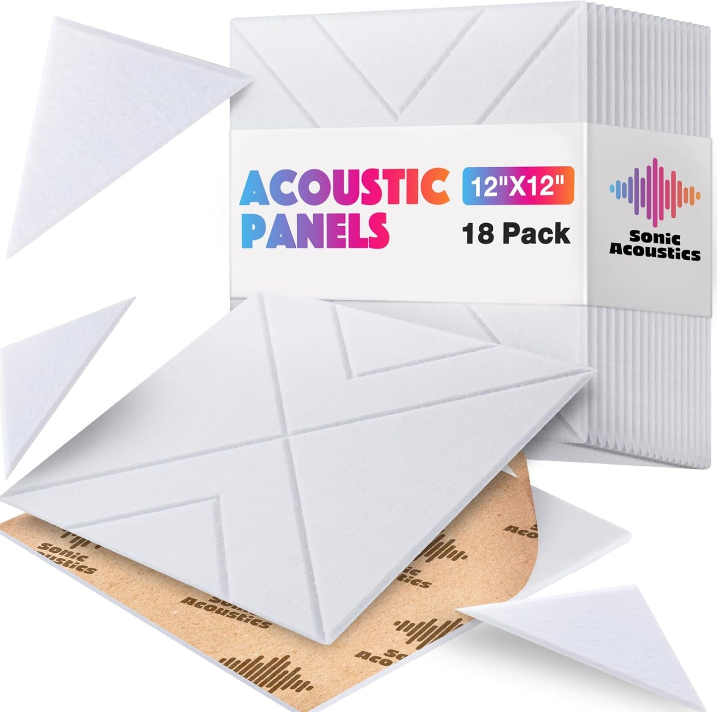 18 Pack Self-Adhesive Acoustic Panels, 12"x 12"x 0.4" Sound Absorbing Panels, High Density Square Sound Proof Noise Dampening Panels for Walls Home Studio Office, Triangle Cutting Style, White