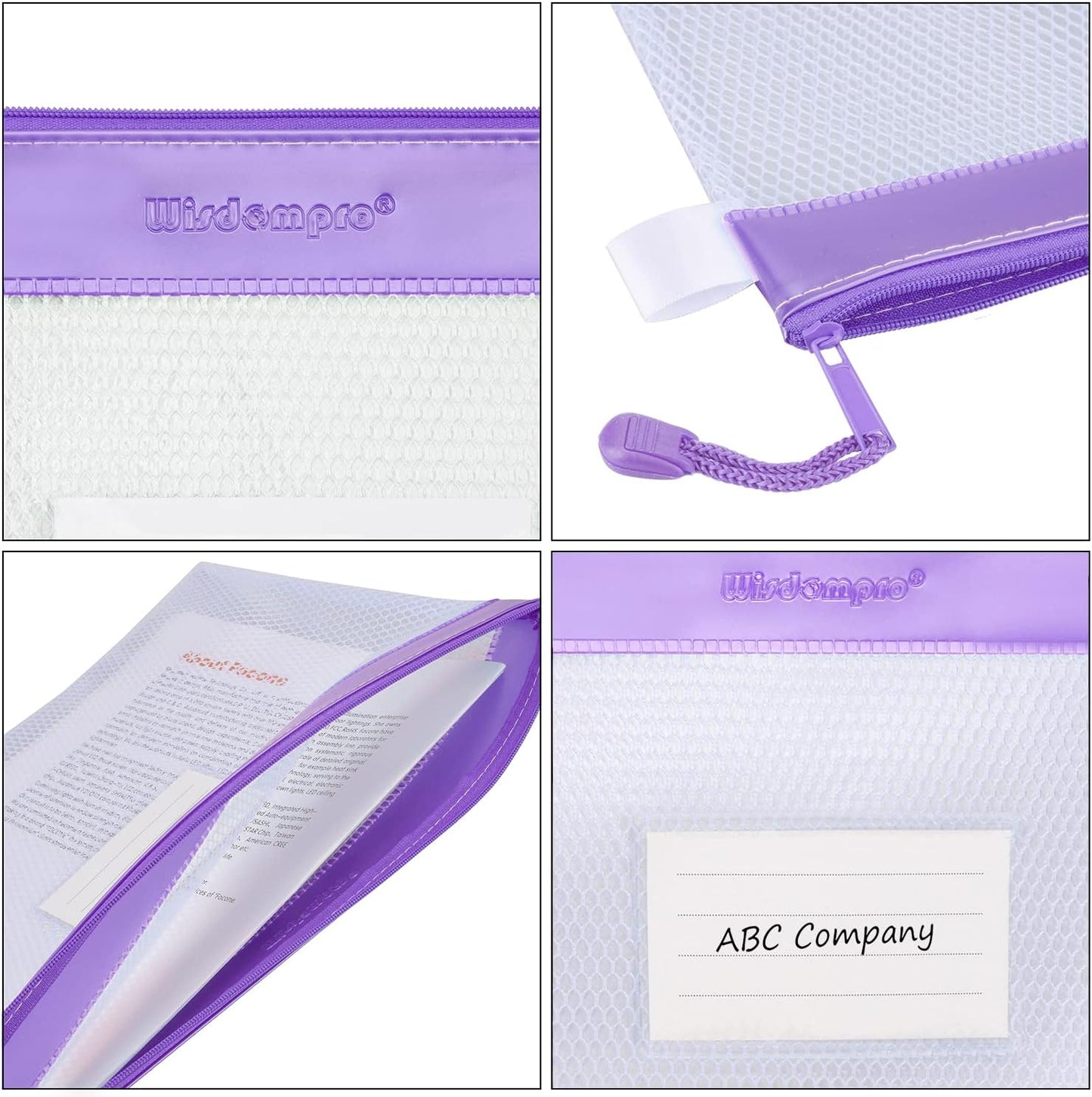 Zipper Pouch, Wisdompro 4 Packs Durable Letter Size Waterproof Mesh File Bag, Document Organizer - Blue/Purple