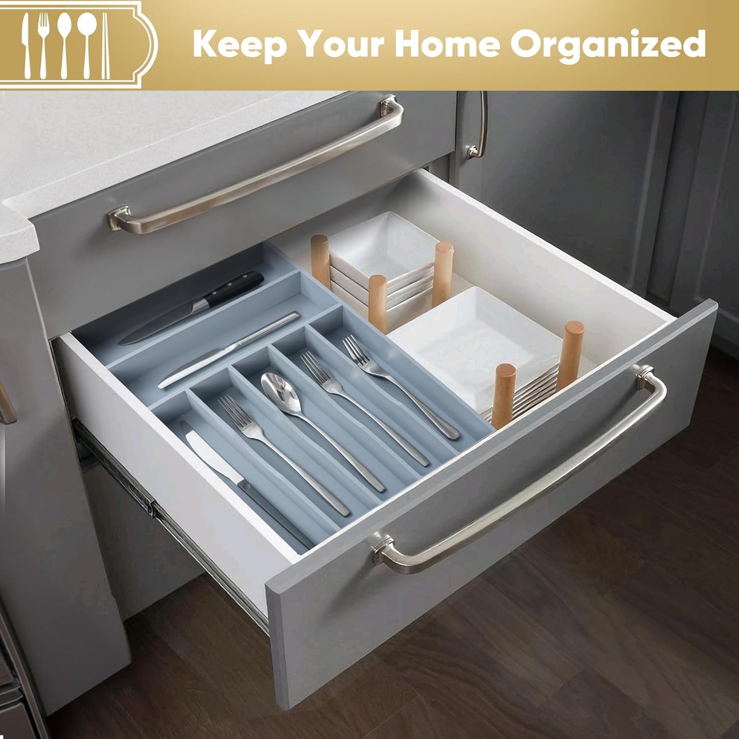 Silverware Organizer, 12.5 Inch Utensil Organizer Kitchen Drawer Organizer Bamboo Silverware Holder Cutlery Tray Organizer in Drawer Flatware Organizer Tray(7 slots, Gray）