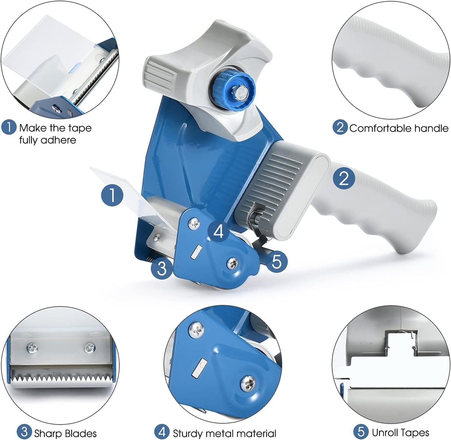 Pacific Mailer 2 Inch Tape Gun Dispenser with 2 Inch Carton Packing Tape, Lightweight Industrial Side Loading Tape Dispenser - Blue