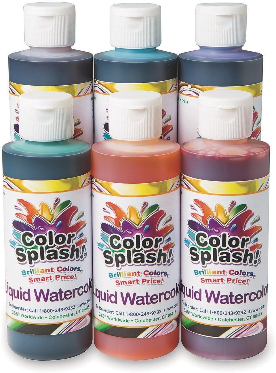 S&S Worldwide Color Splash! Liquid Watercolor Paint, 6 Vivid Colors, 8-oz Flip-Top Bottles, for All Watercolor Painting, Use to Tint Slime, Clay, Glue, Shaving Cream, Non-Toxic. Pack of 6.