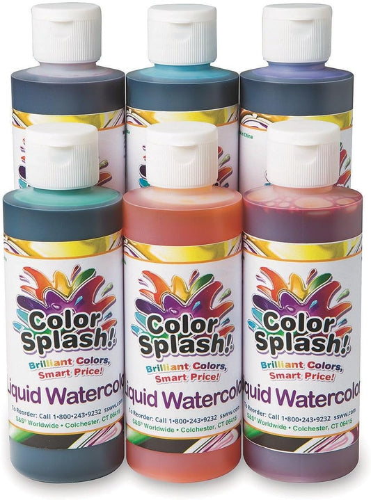 S&S Worldwide Color Splash! Liquid Watercolor Paint, 6 Vivid Colors, 8-oz Flip-Top Bottles, for All Watercolor Painting, Use to Tint Slime, Clay, Glue, Shaving Cream, Non-Toxic. Pack of 6.