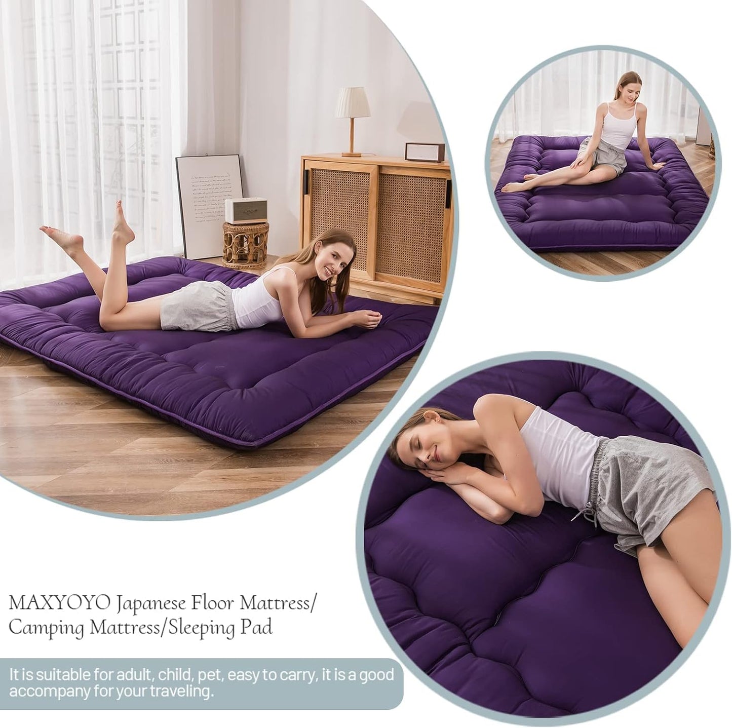 MAXYOYO Japanese Floor Mattress Futon Mattress, Thicken Sleeping Pad Foldable Roll Up Floor Futon for Adults Tatami Mat Dormitory Bed Lounger, Purple, Full Size