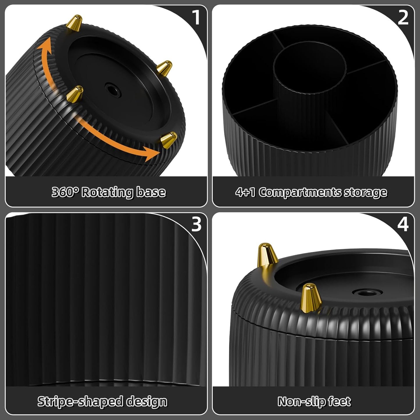 Marbrasse Desk Organizer - 360-Degree Rotating Pen Holder with 5 Compartments, Art Supply Storage Box Caddy for Office and Home (Black)