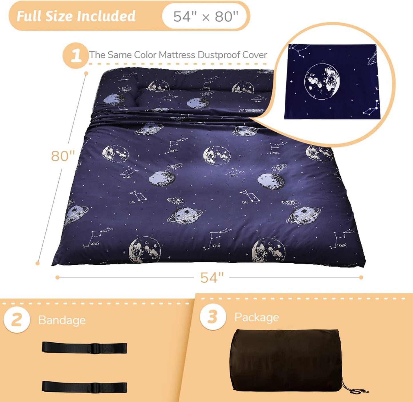 Navy Space Adventure Japanese Floor Futon Mattress, Thicken Tatami Mat Sleeping Pad Foldable Bed Roll Up Mattress Floor Lounger Bed Couches and Sofas for Kids Full Size