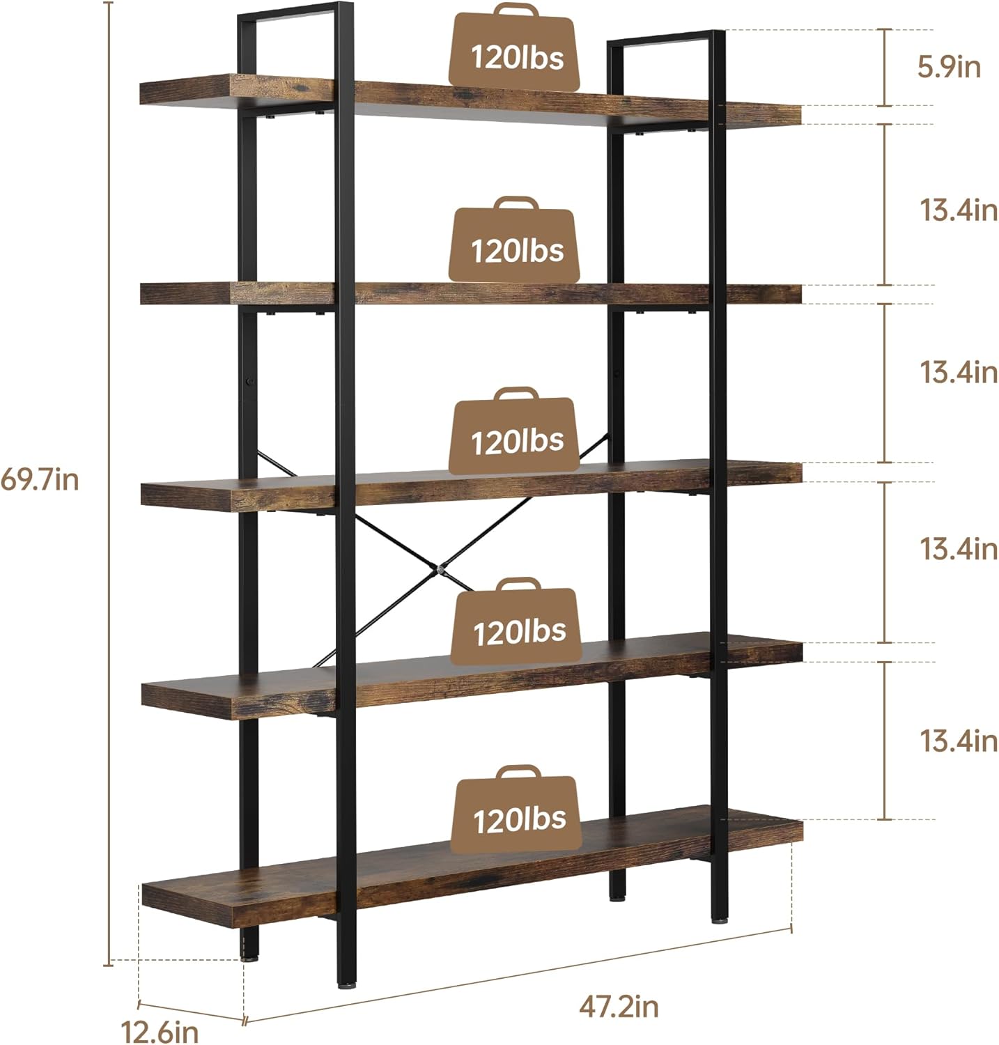 Heavy Duty 5-Tier Industrial Bookcase, 47" Wide Wood Bookshelf for Home Office, 120lbs Shelf Capacity, Rustic Open Shelving Display with Reinforced Horizontal Shelf for Living Room Bedroom