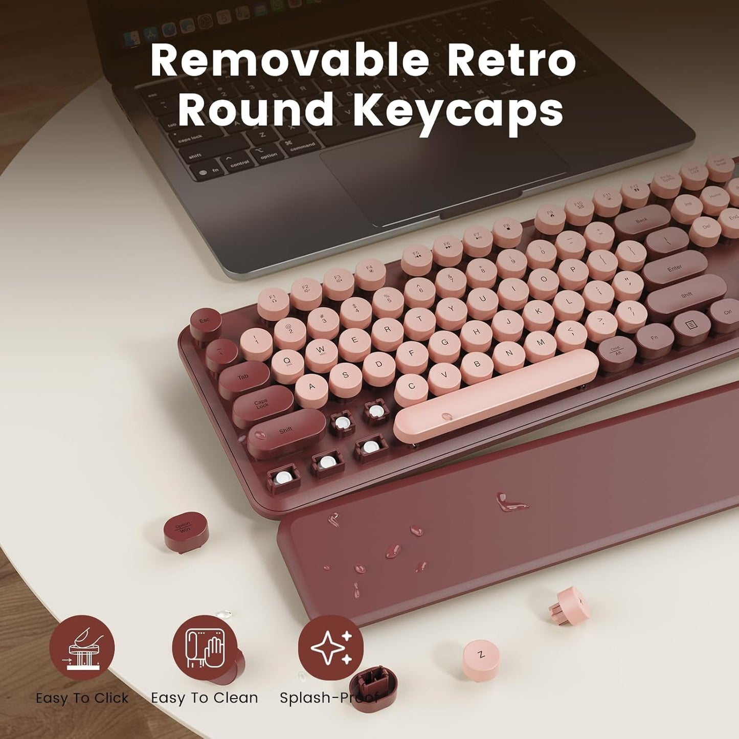 SABLUTE Wireless Keyboard, Round Keycaps, Retro Typewriter Keyboard with Detachable Wrist Rest, Sleep Mode, Foldable Legs, 2.4GHz Full-Size Cordless Computer Keyboard for Windows/PC/Laptop (Wine Red)