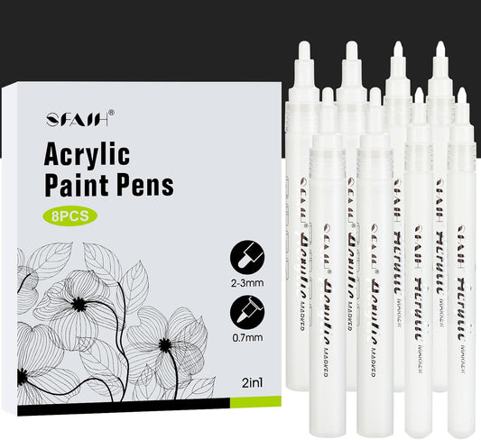 SFAIH White Paint Markers Paint Pens - 8 Pack Acrylic Permanent Marker for Rock Painting, Wood, Metal, Fabric, Plastic, Canvas, Glass, Ceramic, Art Projects, 2-3MM Medium Tip & 0.7mm Extra Fine Tip
