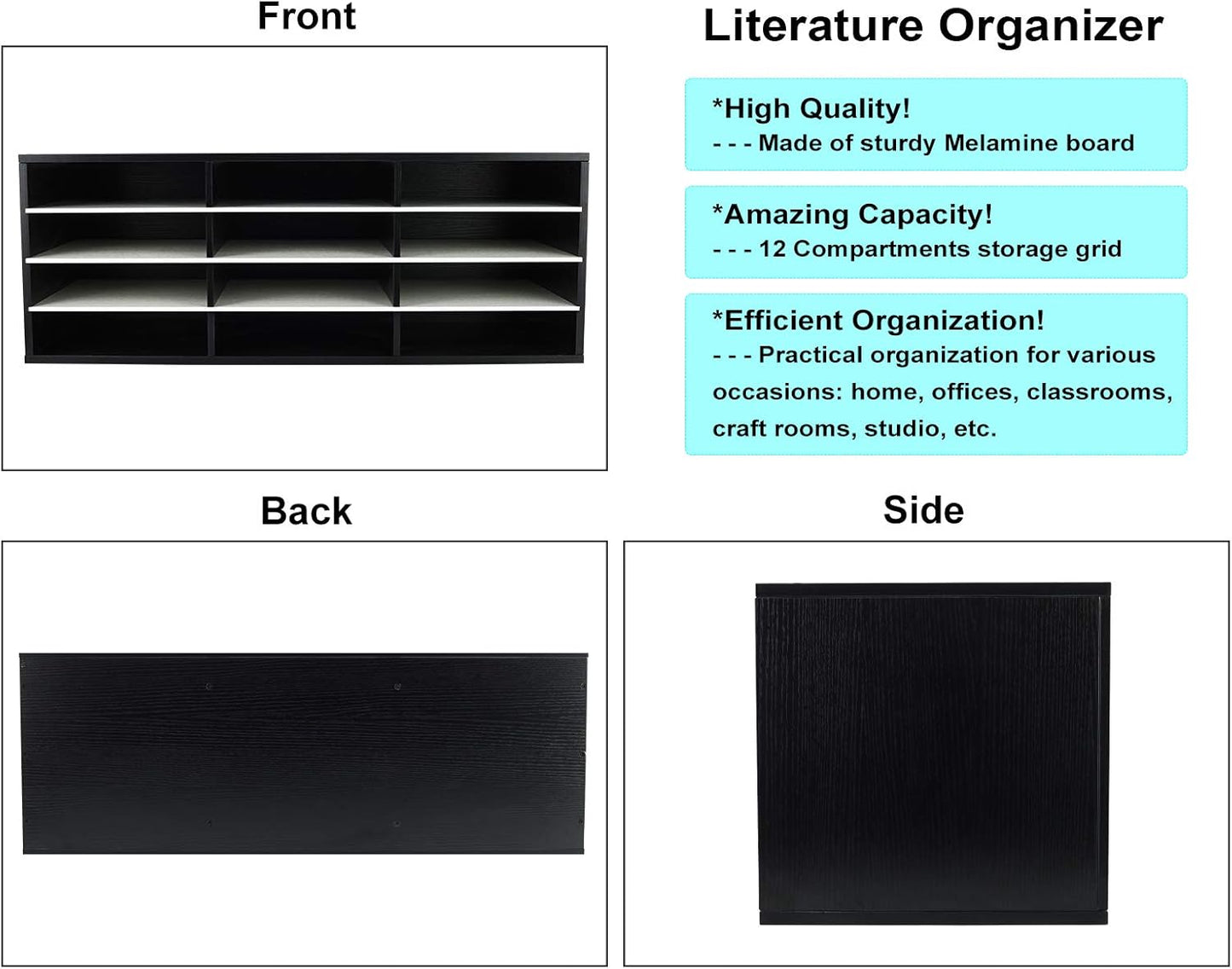 PAG Mail Sorter, Wood Countertop Literature Organizer, Student Mailbox for Classroom, Desktop Bill Paper Organizer for Office Home School, 12 Compartments, Black & White