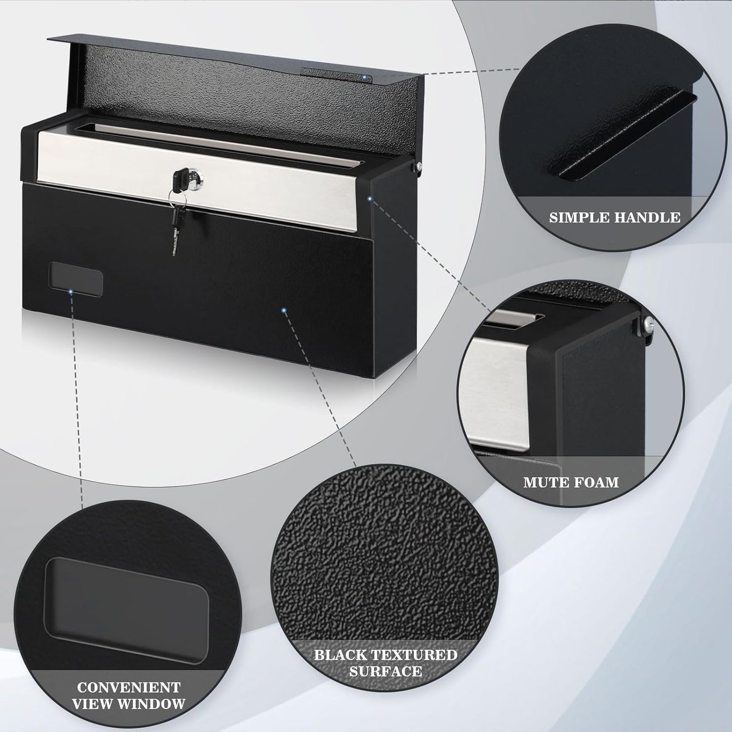 xydled Mailbox with Key Lock, Locking Wall Mount Mail Boxes for Outside, Steel Hanging Metal Mailbox, Modern Post Box, Black, 14.57''x7.09''x3.4''