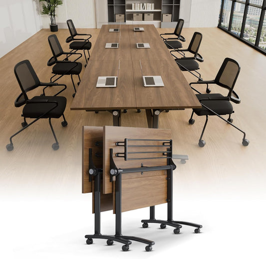 Conference Room Table with Silent Wheels, Mobile Folding Conference Table for 16 Person,Flip Top Office Training Tables with Walnuts Wood Tabletop, for School,Business Meeting Rooms (2 Pack 63in)