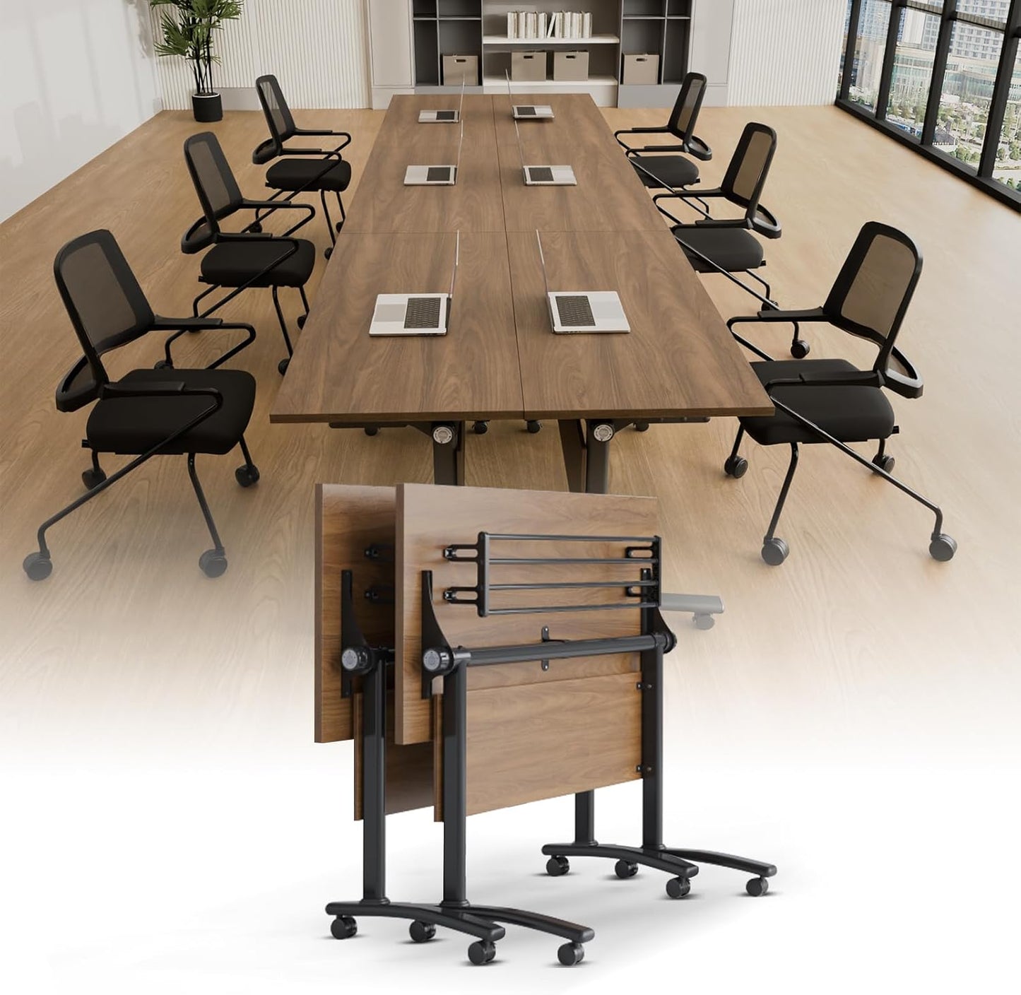Conference Room Table with Silent Wheels, Mobile Folding Conference Table for 16 Person,Flip Top Office Training Tables with Walnuts Wood Tabletop, for School,Business Meeting Rooms (2 Pack 55in)
