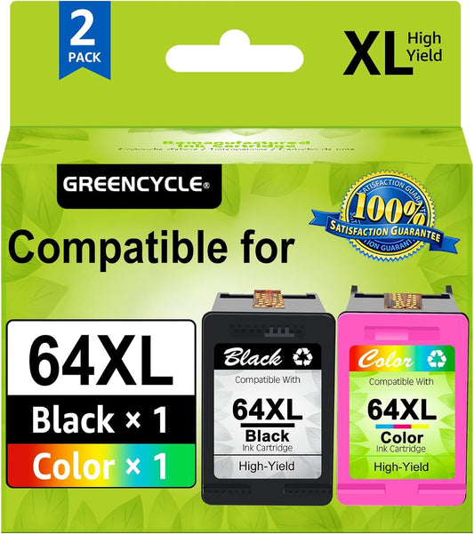 greencycle Remanufactured High Yield Ink Cartridge Replacement for HP 64 XL 64XL N9J91AN N9J92AN Compatible with Envy Photo 7858 7855 7155 6255 7158 7164, Envy 5542 Printer (1 Black, 1 Tri-Color)