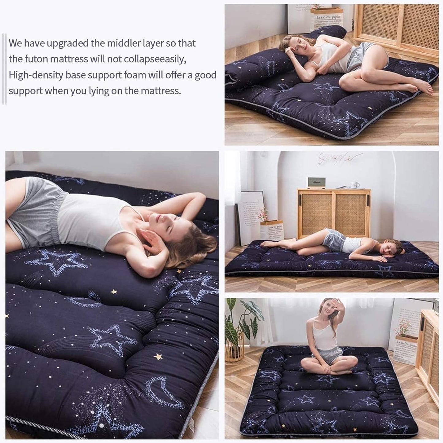 MAXYOYO Japanese Futon Mattress Floor Mattress Sleeping Pad Foldable Bed Roll Up Camping Cushion Floor Lounger Bed Couches and Sofas Couch Topper, Moon and Star, King Size