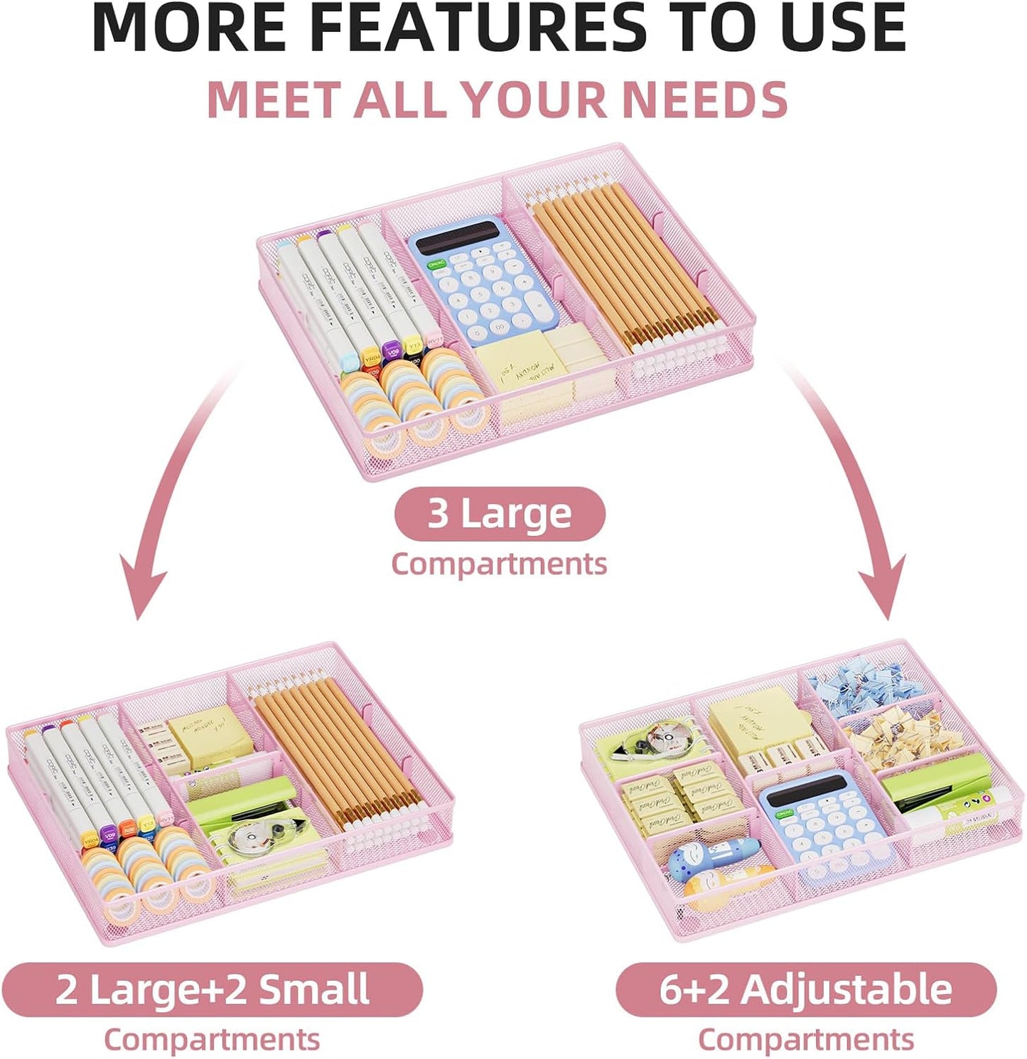 Marbrasse Pink Desk Drawer Organizer, Metal Mesh Drawer Organizer Tray with 5 Adjustable Compartments,Desk Organizers and Accessories for Home,Office,Kitchen,Makeup,Vanity (Pink)
