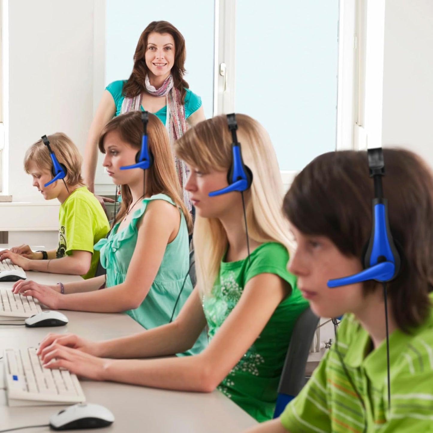 Yunsailing 20 Pack Bulk Classroom Headphones with Microphone Students Kids Wired School Class Set Headphones for School Library Computer Office Adults 3.5 Jack Universal Plug(Dark Blue)