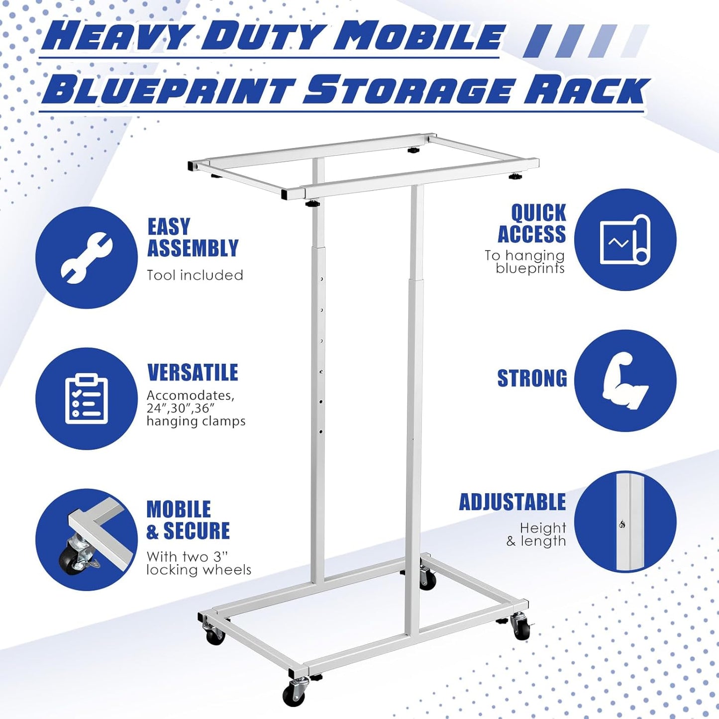 Mobile Blueprint Storage Rack Adjustable Holder with 6 Pcs Blueprint Clamps 4 Wheels Storage Organizer Stand for File Display Plan Office Home(24 Inch)