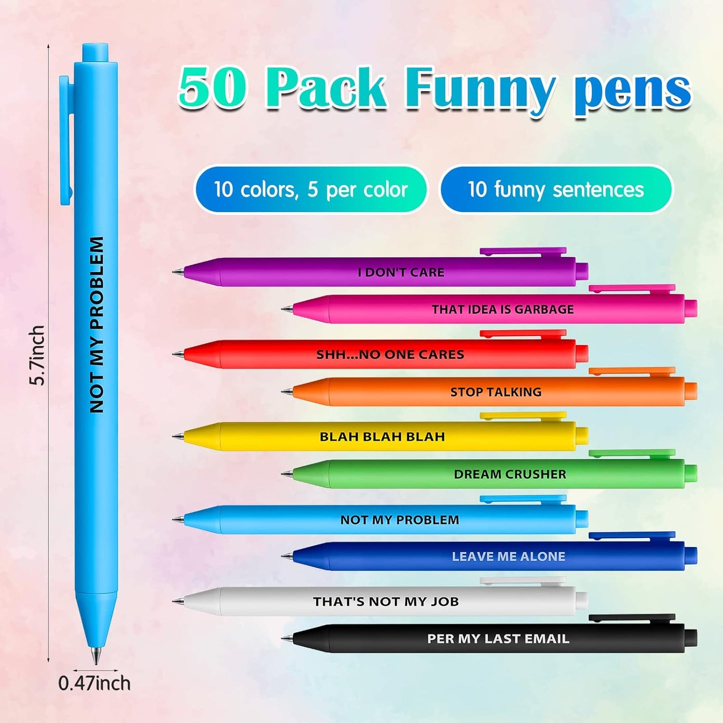 Epakh 50 Pcs Funny Pens Inspirational School Pens Bulk Positive Motivational Quotes on Ballpoint, Black Ink Pen for Adults Back to Schools Gift from Teacher(Optimisti,Bright Colors)