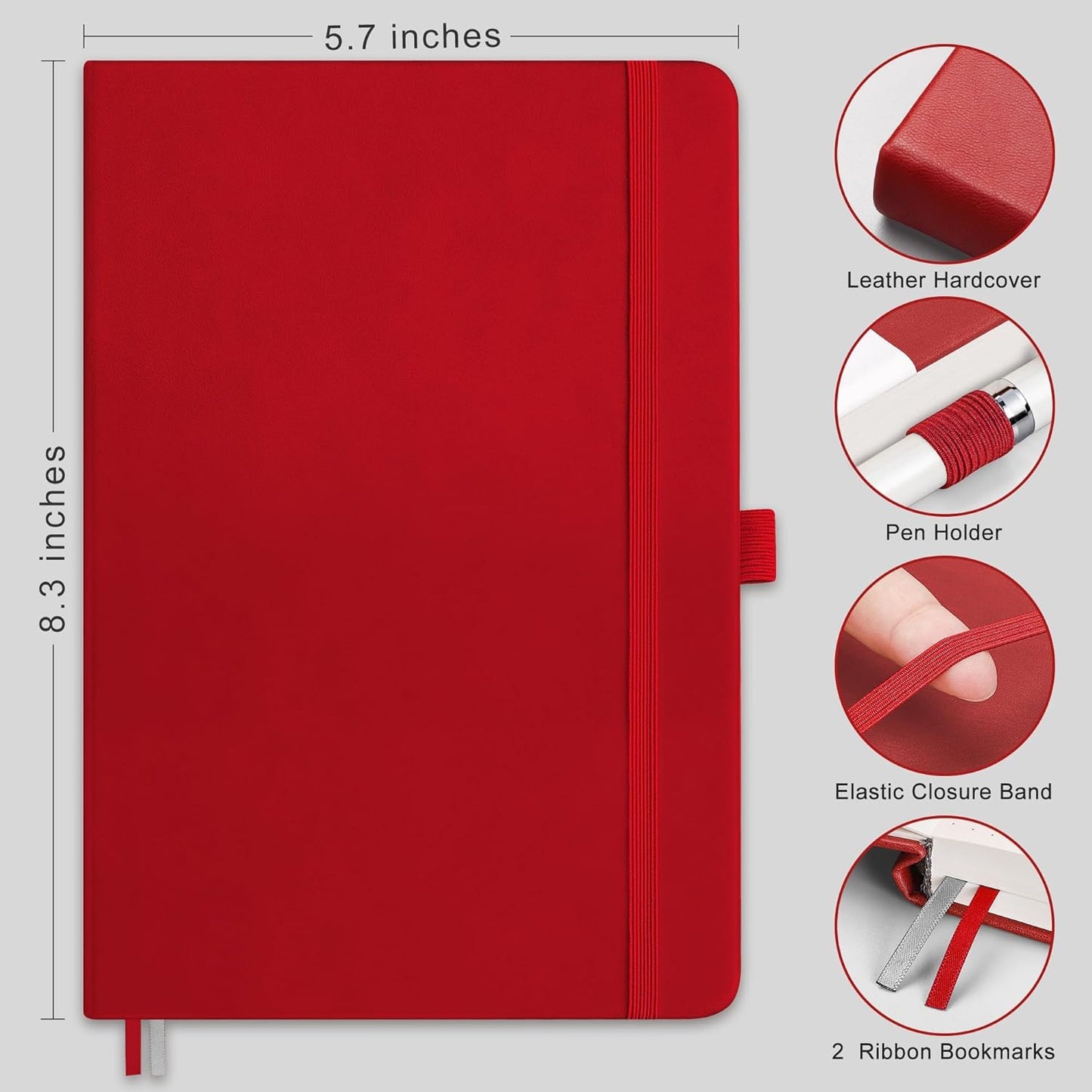 RETTACY Lined Journal Notebook, 2-Pack, 192 Numbered Pages per Pack, A5 Medium Size (5.7'' x 8.3''), for Men & Women, Writing, Work, Leather Hardcover, 100 GSM Thick Paper (Black & Red)