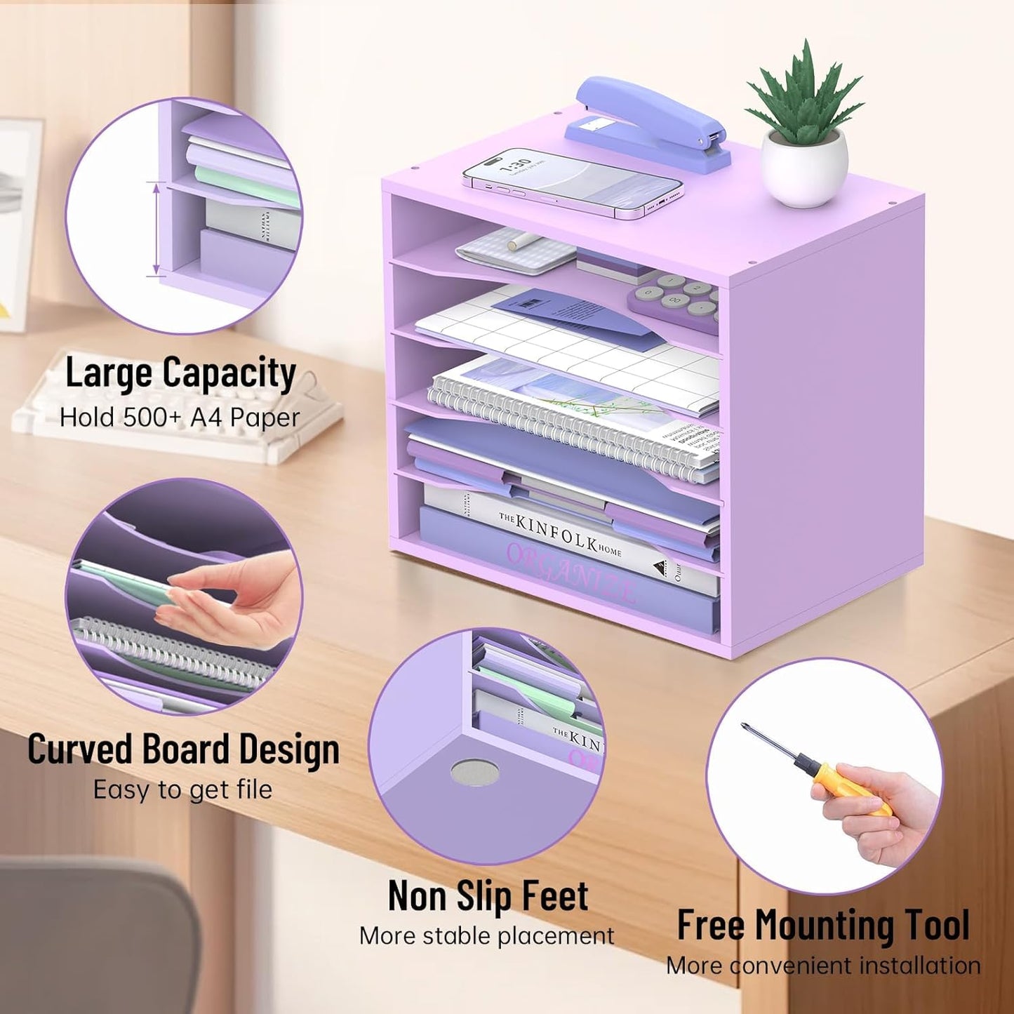 5-Tier Wood Desk Organizer, Paper Tray Organizer for Desk with Adjustable Storage Shelves, Desktop Paper Sorter Mail Holder for Office Home Classroom, Purple