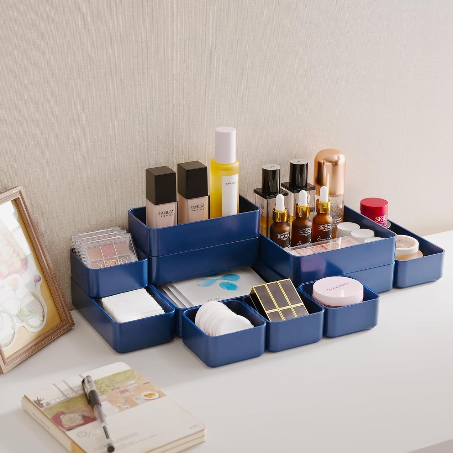 11-Piece Stackable Drawer Organizer Set, Multi-size Desk Drawer Organizer Trays Vanity Storage Bins for Storing Makeup, Stationery, Utensils in Bathroom Dresser, Office and Kitchen