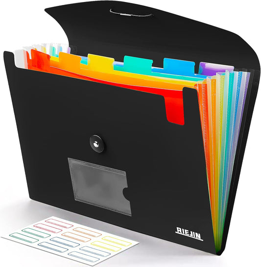 Accordian File Organizer 7 Pocket Expanding File Folder with Labels, Plastic Expandable File Folder for Documents Letter Size A4 Papers - Black