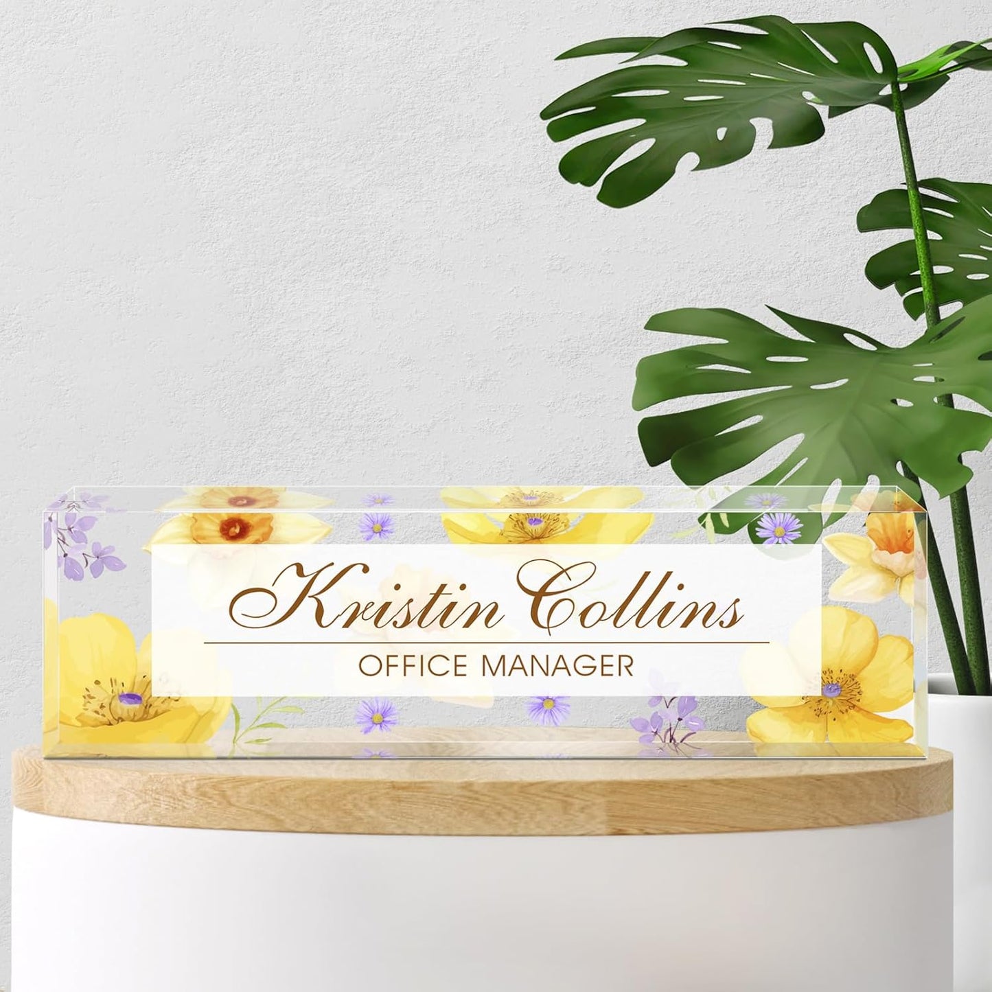 Custom Name Plate for Desk, Acrylic Office Decor For Women Men, Personalized Office Desk Accessories, Teacher Employee Appreciation Gifts For Social Worker Boss Coworkers (Flowers-4)