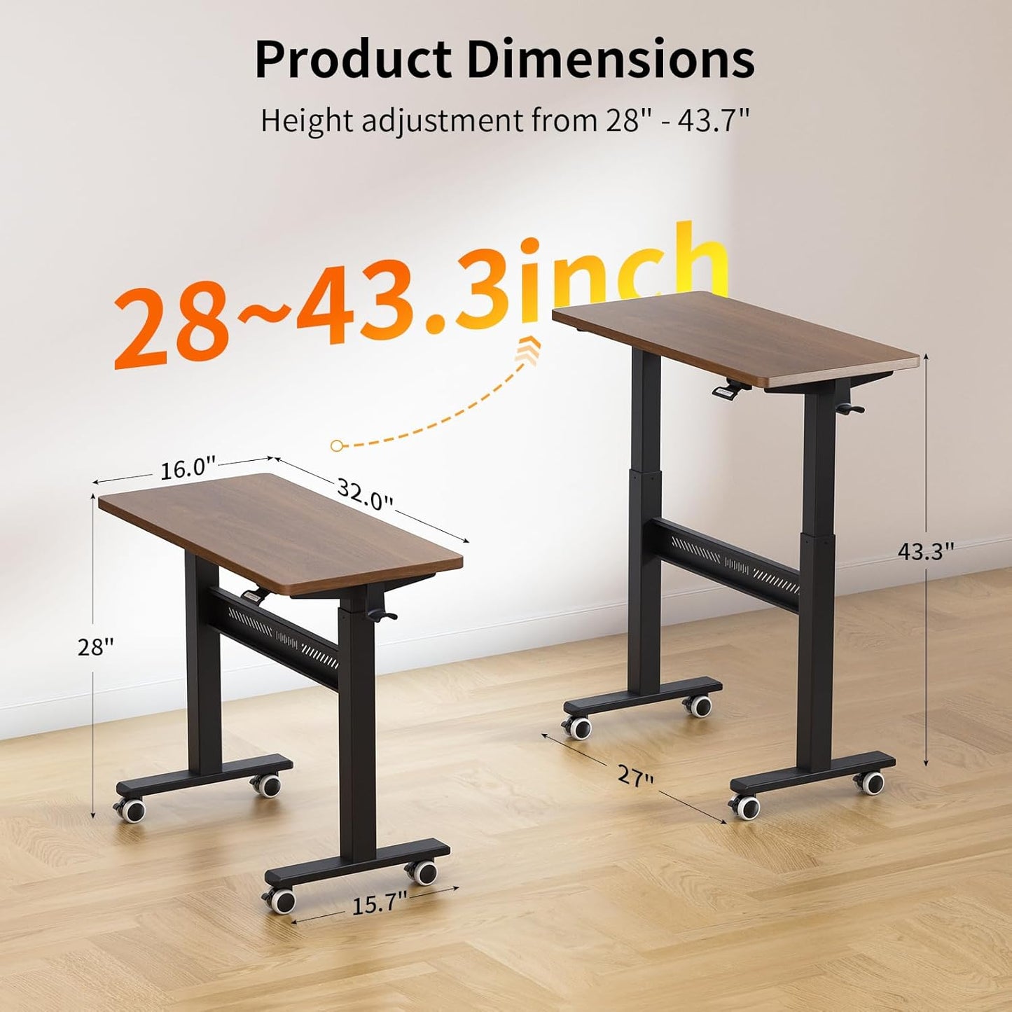 Mobile Walking Pad Desk with Wheels, Pneumatic Small Rolling Standing Desk Riser Height Adjustable (28-43.7") for Treadmill, Portable Computer Table for Home Office, Black Walnut