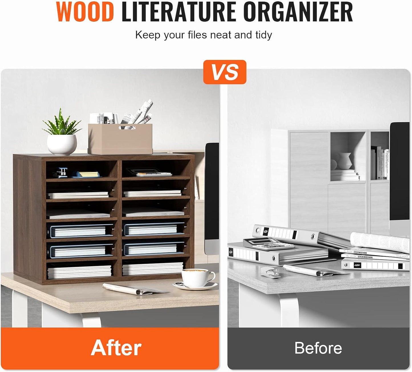 VEVOR Literature Organizers, 12 Compartments Office Mailbox with Adjustable Shelves, Wood Literature Sorter 20.4x12x16.1 inches for Office, Home, Classroom, Mailrooms Organization, EPA Certified Brown