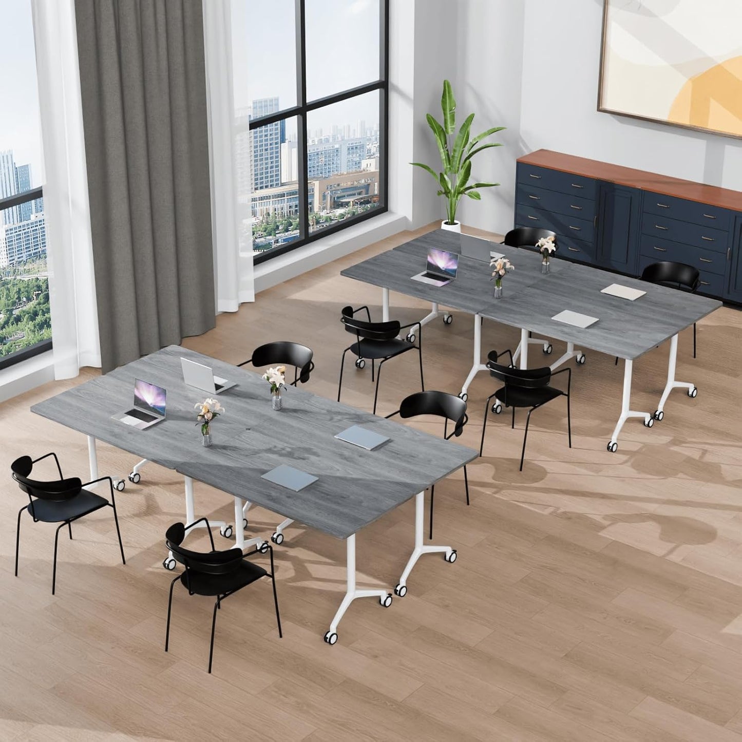 Folding Conference Table, Modern Large Conference Room Tables with Flip-Top Design, Foldable Conference Table Meeting Table with Wheels, Mobile Seminar Training Tables for Office Classroom (8, Oak)