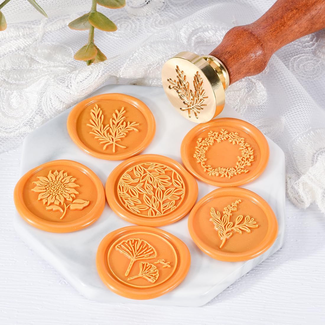 Wax Seal Stamp Set, 6 pcs Brass Head Wax Stamp & 1 Wooden Handle, 6 Botanical Designs (Rosemary, Sunflower, Ginkgo Leaf, Wreath, Leaves, Eucalyptus)