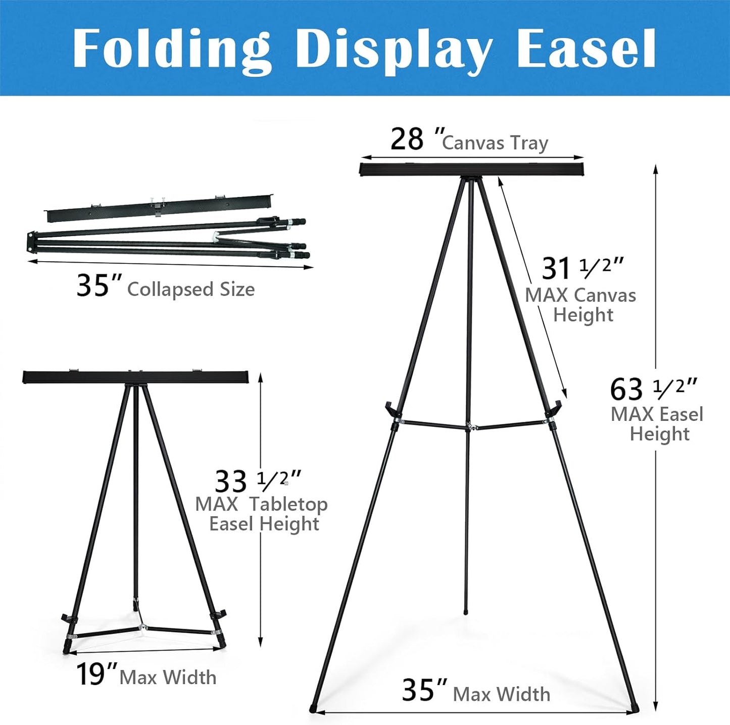 Falling in Art Aluminum Flip Chart Display Easel Stand with Adjustable Floor for Boardroom, Whiteboard, Paper Pads, Signage, 63 1/2'' High, Black 4 PACK