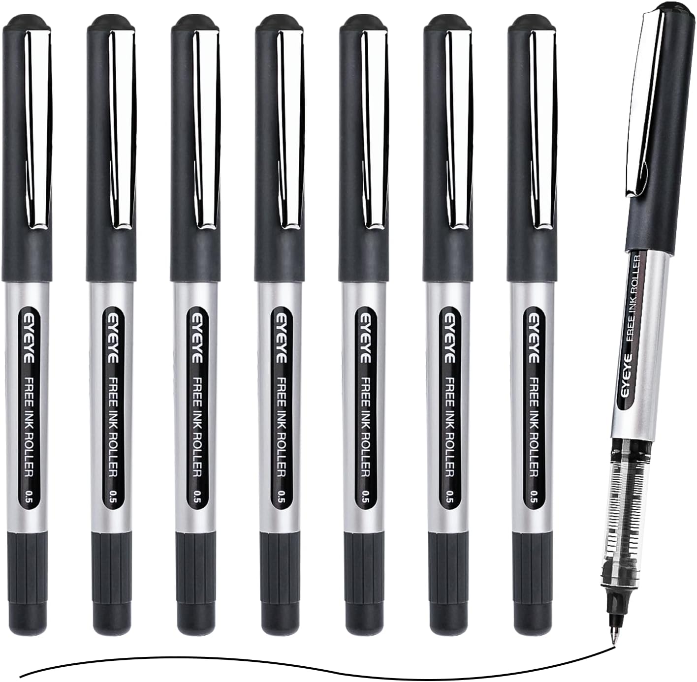 EYEYE Rollerball Pens Black 0.5mm, 8 Pack Extra Fine Point Quick Dry, Liquid Ink Pens Fine Point Smooth Writing Pen for Journaling, Note Taking, Office, School Supplies