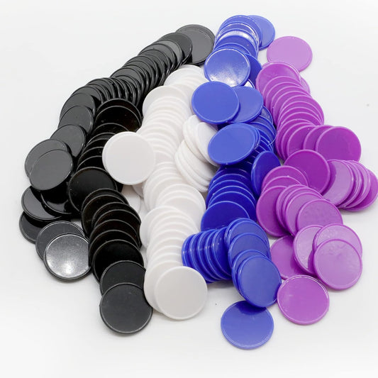 Set of 100 Opaque Plastic Learning Counters Mini Poker Chips Game Tokens with Storage Box (Black+White+Blue+Purple, 1 Inch)